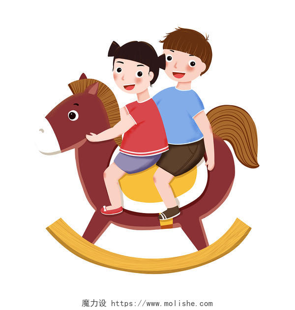 手绘卡通儿童节小孩子骑木马原创人物素材